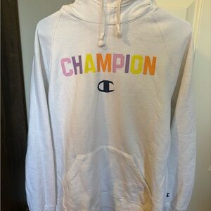 Champion White Hoodie with Multicolor Logo